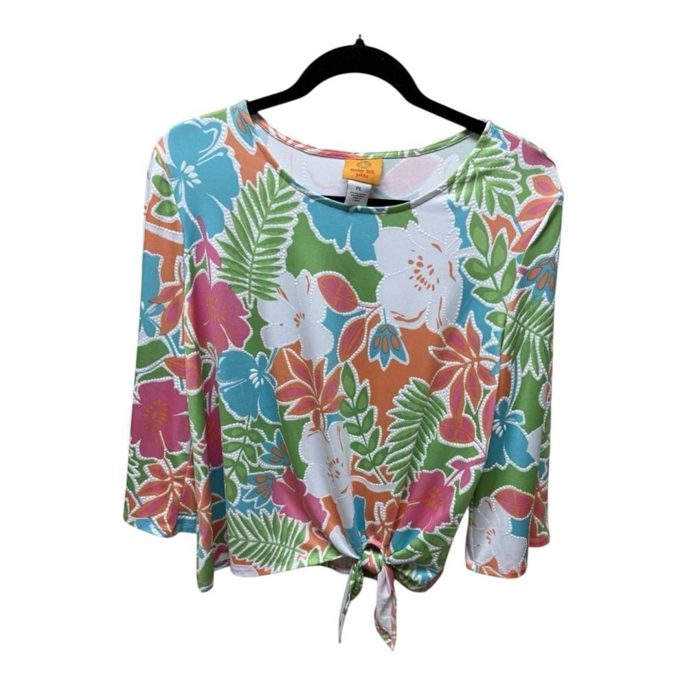 Ruby Rd. Womens Multicolor Floral Crew Neck Knotted Waist Flutter Sleeve. Sz Lp